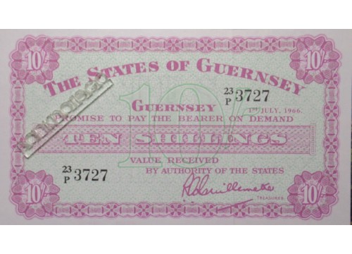 Банкнота Гернси 10 (десять) шиллингов 1966 год. Pick 42c. UNC
