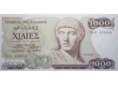Банкнота Греция 1000 (тысяча) драхм 1987 год. Pick 202. UNC