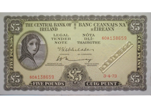 Банкнота Ирландия 5 (пять) фунтов 1973 год. Pick 65c3. UNC