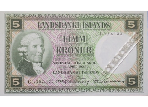 Банкнота Исландия 5 (пять) крон 1928 год. Pick 32b6. UNC