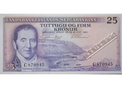 Банкнота Исландия 25 (двадцать пять) крон 1957 год. Pick 39. UNC