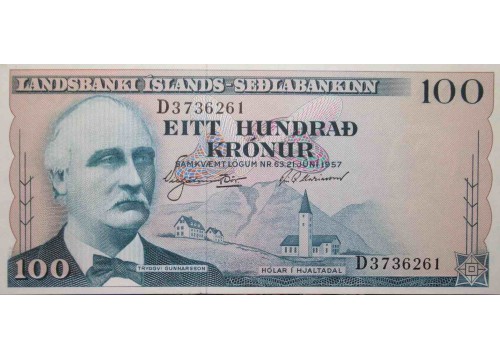 Банкнота Исландия 100 (сто) крон 1957 год. Pick 40. UNC