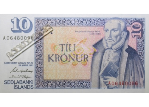 Банкнота Исландия 10 (десять) крон 1961 год. Pick 48a1. UNC