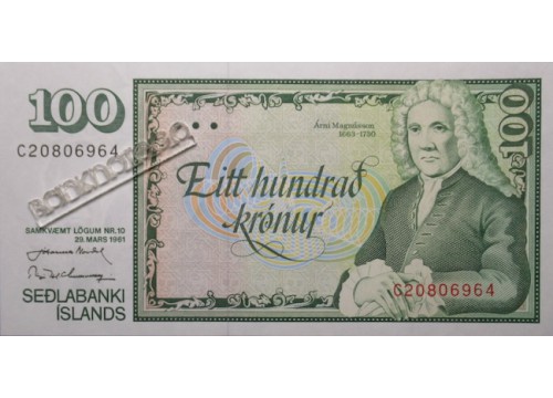 Банкнота Исландия 100 (сто) крон 1961 год. Pick 50a11. UNC