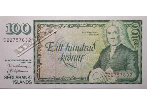 Банкнота Исландия 100 (сто) крон 1986 год. Pick 54a2. UNC