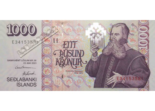 Банкнота Исландия 1000 (тысяча) крон 2001 год. Pick 59.3. UNC