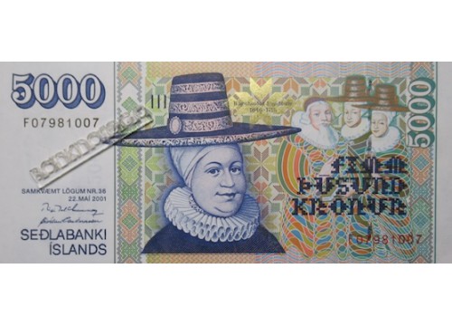 Банкнота Исландия 5000 (пять тысяч) крон 2001 год. Pick 60.2. UNC