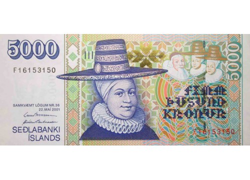 Банкнота Исландия 5000 (пять тысяч) крон 2001 год. Pick 60.3. UNC