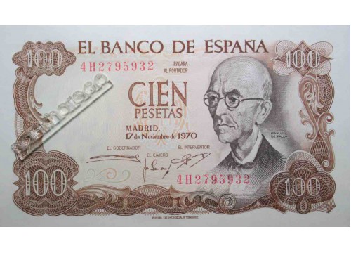 Банкнота Испания 100 (сто) песет 1970 год. Префикс 4H. Pick 152b. UNC