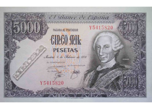 Банкнота Испания 5000 (пять тысяч) песет 1976 год. Pick 155. UNC