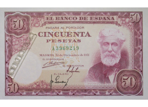 Банкнота Испания 50 (пятьдесят) песет 1951 год. Pick 141. UNC