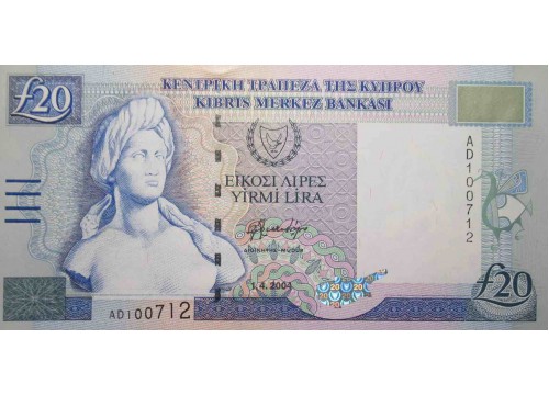 Банкнота Кипр 20 (двадцать) фунтов 2004 год. Pick 63c. UNC