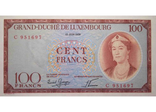 Банкнота Люксембург 100 (сто) франков 1956 год. Pick 50. UNC