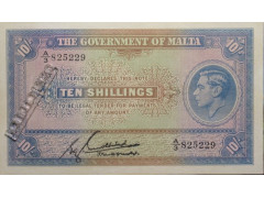 Банкнота Мальта 10 (десять) шиллингов 1940 год. Pick 19. UNC