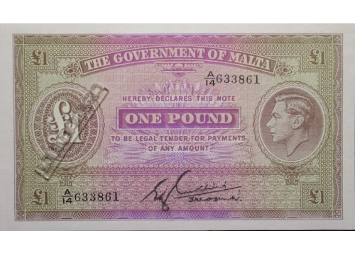 Банкнота Мальта 1 (один) фунт 1940 год. Pick 20b. UNC