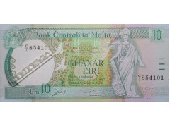 Банкнота Мальта 10 (десять) лир 1967 (89) год. Pick 43. UNC