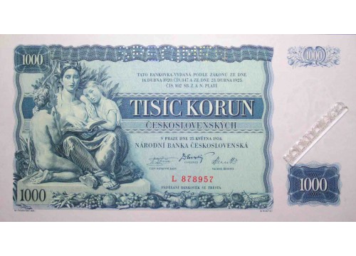 Банкнота Чехословакия 1000 (тысяча) крон 1934 год. Pick 26s. UNC