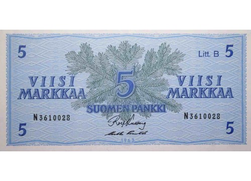 Банкнота Финляндия 5 (пять) марок 1963 год. Pick 106A25. UNC