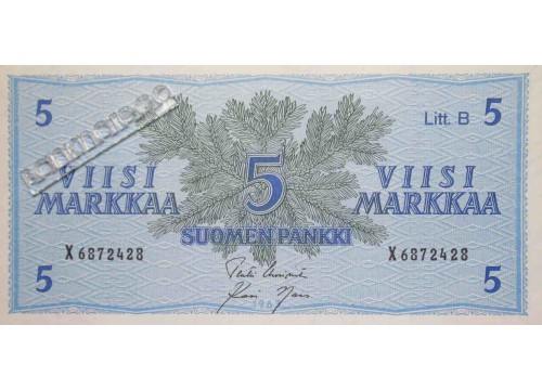Банкнота Финляндия 5 (пять) марок 1963 год. Pick 106Aa21. UNC