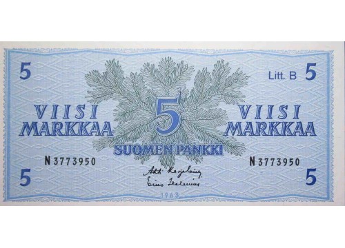 Банкнота Финляндия 5 (пять) марок 1963 год. Pick 106Aa3. UNC