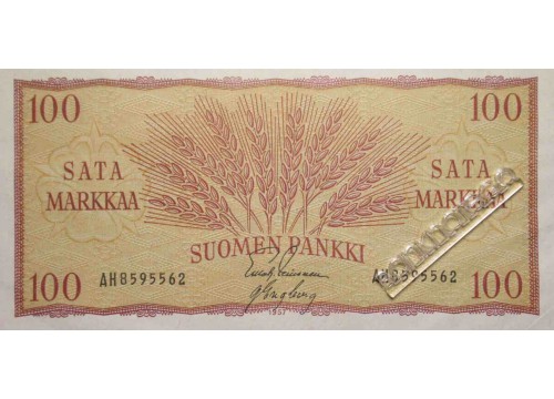 Банкнота Финляндия 100 (сто) марок 1957 год. Pick 97a11. VF