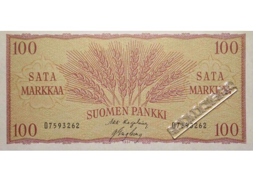 Банкнота Финляндия 100 (сто) марок 1957 год. Pick 97a17. AUNC