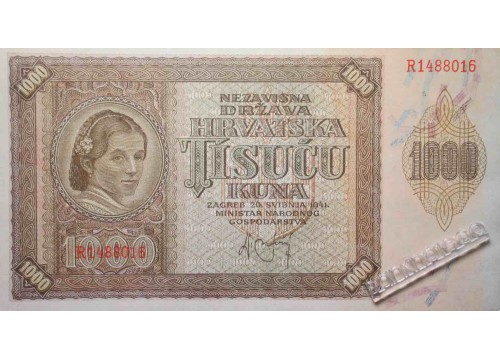 Банкнота Хорватия 1000 (тысяча) куна 1941 год. Pick 4. UNC