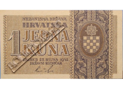 Банкнота Хорватия 1 (одна) куна 1942 год. Pick 7b. UNC