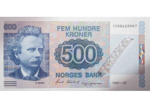Банкнота Норвегия 500 (пятьсот) крон 1991 год. Pick 44a. UNC