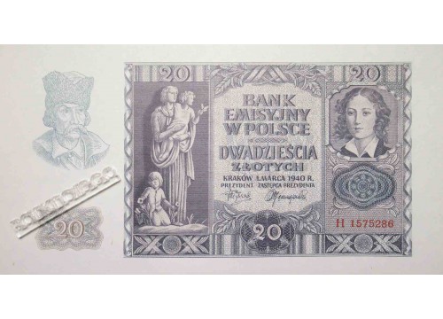 Банкнота Польша 20 (двадцать) злотых 1940 год. Pick 95.1. UNC