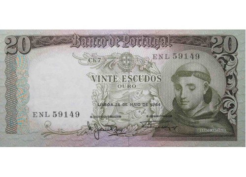 Банкнота Португалия 20 (двадцать) эскудо 1964 год. Pick 167b1. UNC