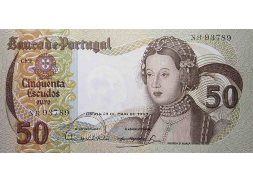 Банкнота Португалия 50 (пятьдесят) эскудо 1968 год. Pick 174a2. UNC