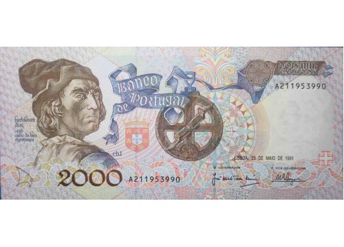 Банкнота Португалия 2000 (две тысячи) эскудо 1991 год. Pick 186a2. UNC