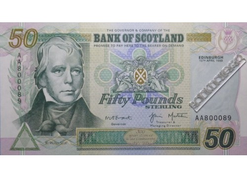 Банкнота Шотландия 50 (пятьдесят) фунтов 1999 год. Pick 122b. UNC