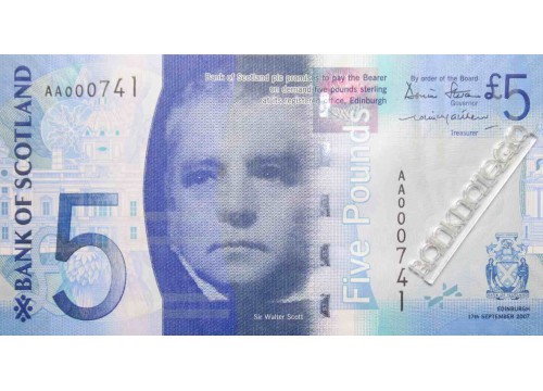 Банкнота Шотландия 5 (пять) фунтов 2007 год. Серия AA. Pick 124a. UNC