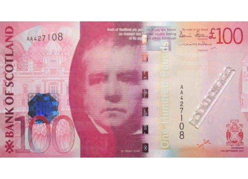 Банкнота Шотландия 100 (сто) фунтов 2007 год.Серия AA. Pick 128a. UNC