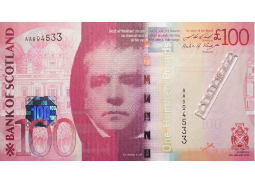Банкнота Шотландия 100 (сто) фунтов 2009 год. Серия AA. Pick 128b. UNC