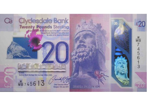 Банкнота Шотландия 20 (двадцать) фунтов 2019 год. Clydesdale Bank. Pick 229R. UNC