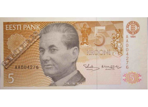 Банкнота Эстония 5 (пять) крон 1992 год. Серия AA. Pick 71a. UNC