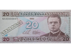 Банкнота Литва 20 (двадцать) лит 1993 год. Серия NAA. Pick 57. UNC
