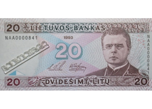 Банкнота Литва 20 (двадцать) лит 1993 год. Серия NAA. Pick 57. UNC