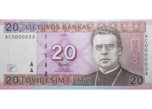 Банкнота Литва 20 (двадцать) лит 2007 год. Pick 69. UNC