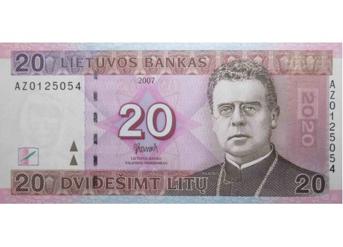 Банкнота Литва 20 (двадцать) лит 2007 год. Серия AZ. Pick 69R. UNC