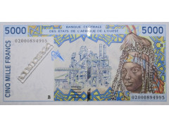 Банкнота Бенин 5000 (пять тысяч) франков 2002 год. Pick 213Bi.  UNC