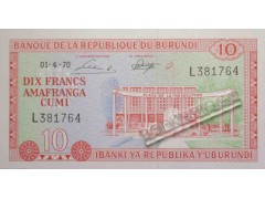 Банкнота Бурунди 10 (десять) франков 1970 год. Pick 20b. UNC