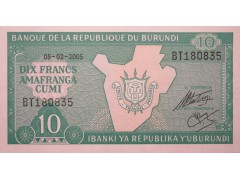 Банкнота Бурунди 10 (десять) франков 2005 год. Pick 33e. UNC