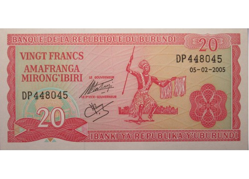 Банкнота Бурунди 20 (двадцать) франков 2005 год. Pick 27d. UNC