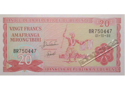 Банкнота Бурунди 20 (двадцать) франков 1989 год. Pick 27b. UNC