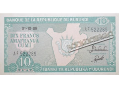 Банкнота Бурунди 10 (десять) франков 1989 год. Pick 33b3. UNC