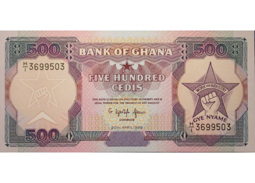 Банкнота Гана 500 (пятьсот) седи 1989 год. Pick 28b. UNC